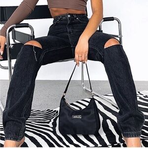 White Fox High Rise Straight Leg Distressed Black Jeans